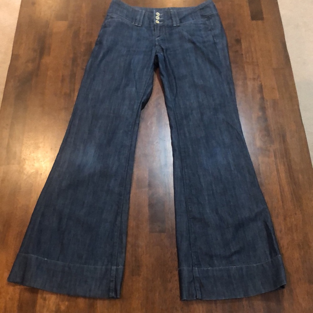 Brown Label Blue Denim Jeans Farrah Loren Women Size 25 Flare Wide Leg 3 Buttons
